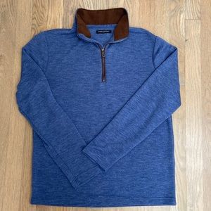 Banana Republic blue sweater, brown suede trim around collar, size large